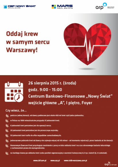 Oddaj krew w samym sercu Warszawy! Zdrowie, LIFESTYLE - Już w środę 26 sierpnia br., w jednym z najbardziej charakterystycznych budynków stolicy, w kompleksie Centrum Bankowo-Finansowego „Nowy Świat”, tuż przy Rondzie de Gaulle’a w Warszawie, odbędzie się honorowa zbiórka krwi.