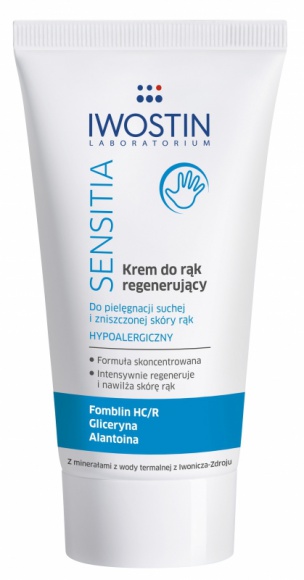 Krem do rąk regenerujący Iwostin Sensitia Zdrowie, LIFESTYLE - Krem do rąk regenerujący Iwostin dzięki dodatkowi Fomblinu HC/R bardzo skutecznie chroni i regeneruje skórę rąk. Tworzy tzw. „biologiczną rękawicę”, zabezpieczającą skórę przed negatywnym działaniem środowiska oraz przyspiesza gojenie się mikrourazów naskórka.
