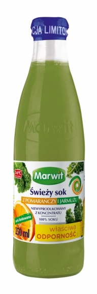 Świeży sok Marwit z pomarańczy i jarmużu idealny na wzmocnienie odporności Zdrowie, LIFESTYLE - Jedna butelka soku z pomarańczy i jarmużu zawiera 36 mg witaminy C, co stanowi aż 45% dziennego zapotrzebowania na nią przez osoby dorosłe. Spożycie produktów bogatych w tę substancję jest wyjątkowo ważne zimą, gdy należy w szczególny sposób wzmocnić swoją odporność.