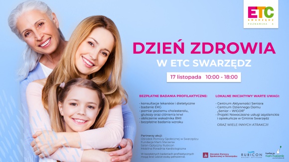 Dzień zdrowia w ETC Swarzędz Zdrowie, LIFESTYLE - Jesień to czas, kiedy w szczególności powinniśmy zadbać o zdrowie swoje oraz najbliższych. Z myślą o tym, ETC przygotowało dla swoich klientów i mieszkańców Swarzędza wyjątkową niespodziankę.
